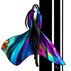 Digital illustration of a fashion model wearing a flowing coat swirling with colors.