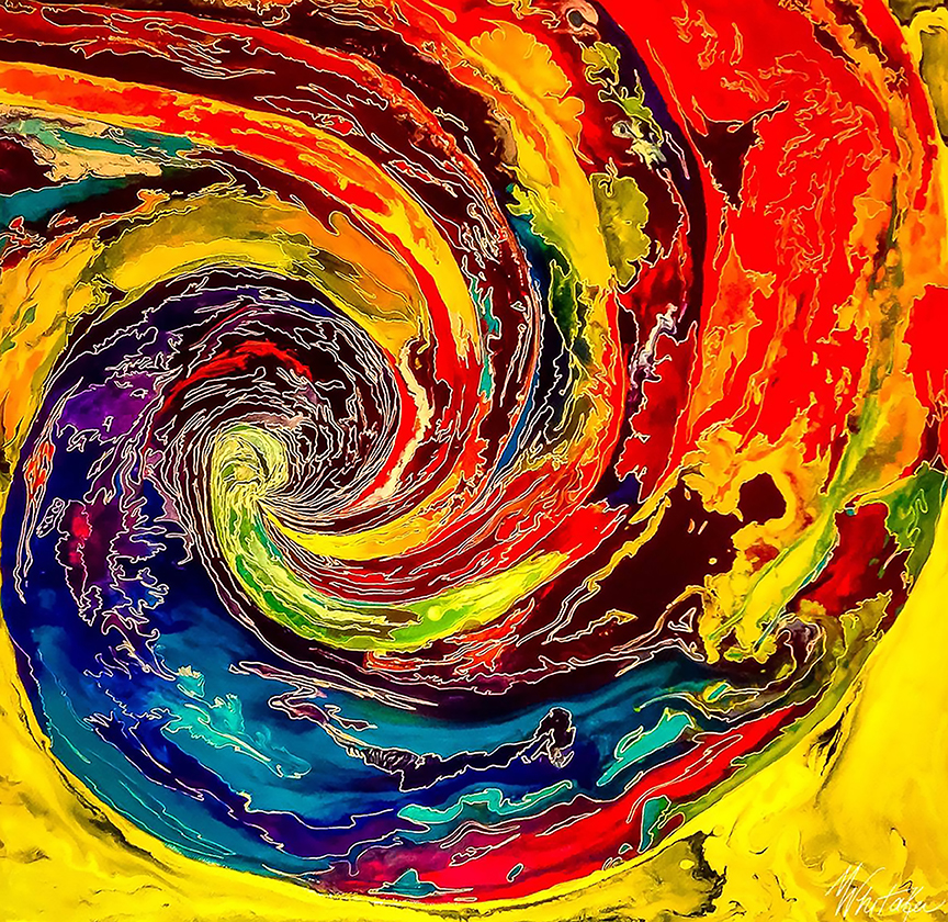 Brightly colored swirled abstract with red, oranges, yellows and blues and a figure that resembles a man being washed down a drain.